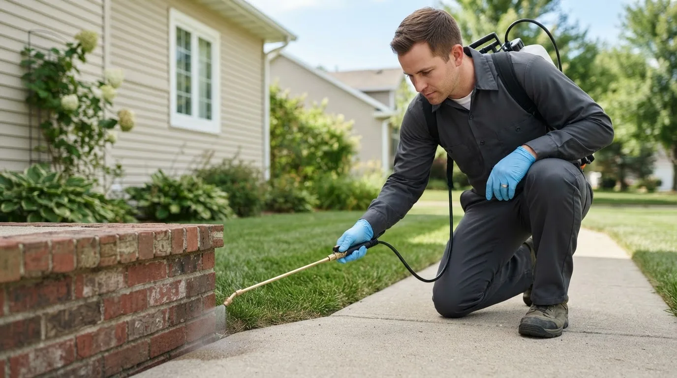 Pest control technician treating a home near Kenmare, ND