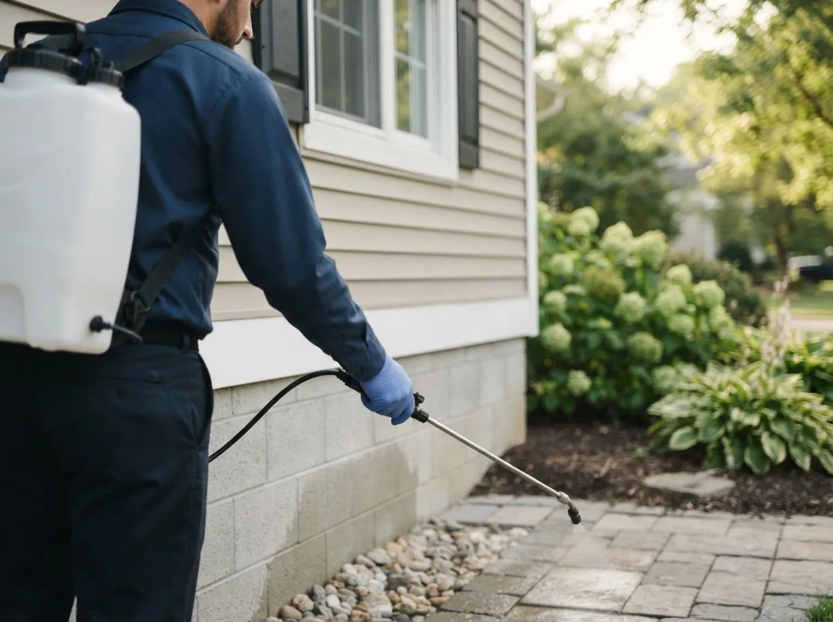 Pest control technician inspecting a home in Kenmare, ND